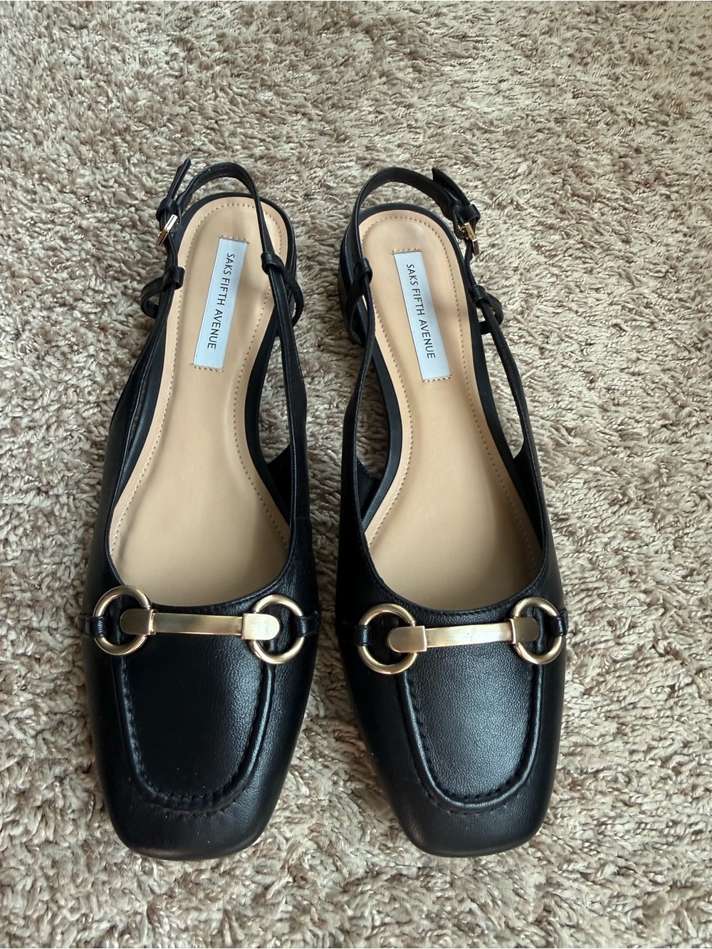 Saks Fifth Avenue Black Leather Slingback Loafers with Gold Horsebit